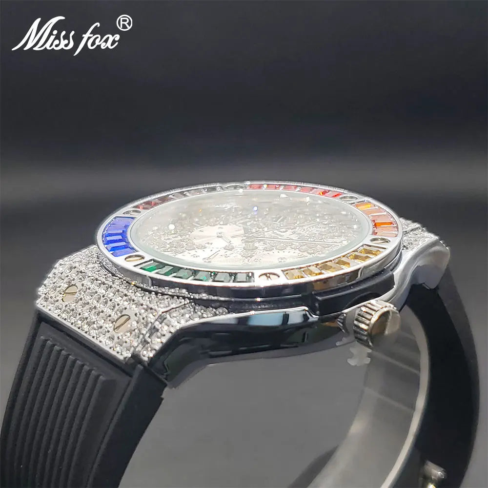 Men's Quartz Watch With Rainbow Diamond Luxury Stylish Sport Wristwatch For Men Chronograph Silicone Strap Watches Winner Gift