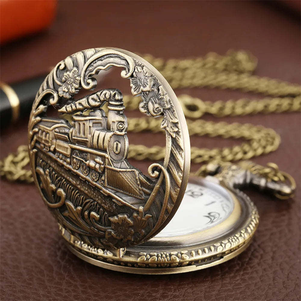 Vintage Retro Bronze Hollow Train Locomotive Steampunk Quartz Pocket Watch Women Men Necklace Pendant with Chain Birthday Gift