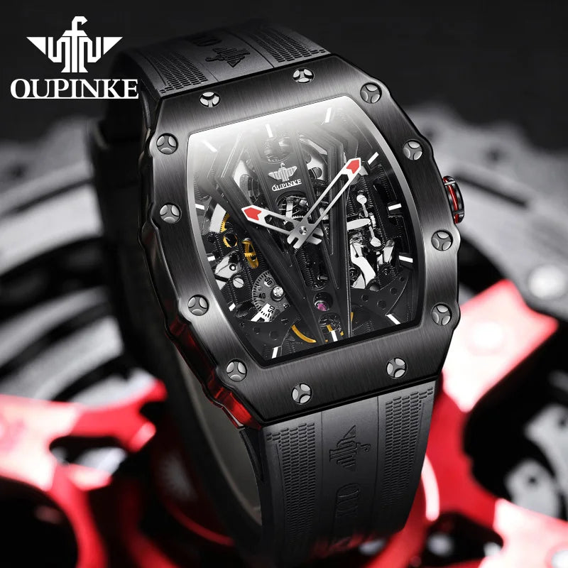 OUPINKE Mens Watches Luxury Brand Automatic Mechanical Wristwatch Fashion Skeleton Silicone Strap Sports Waterproof  Watch Men