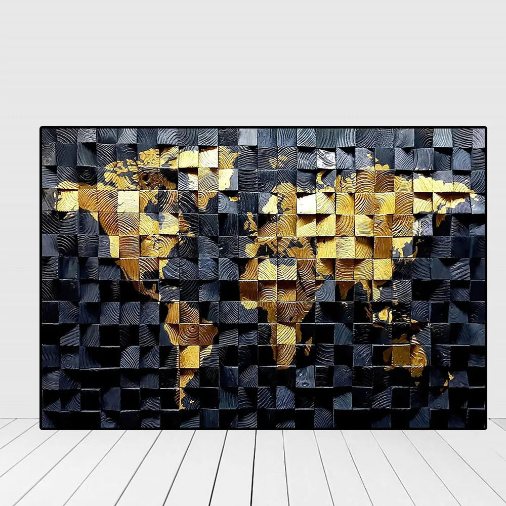 Black And Golden Collage World Map 3D.