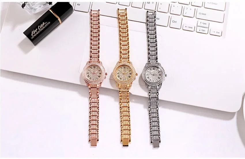 Hot Fashion Women Luxury Diamond Watches Bracelet Ladies Quartz Watch Rose Gold Womens Wristwatch Shiny Crystal Reloj Mujer