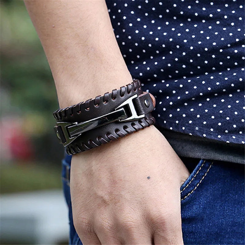 Trendy Leather Bracelets For Men Stainless Steels.