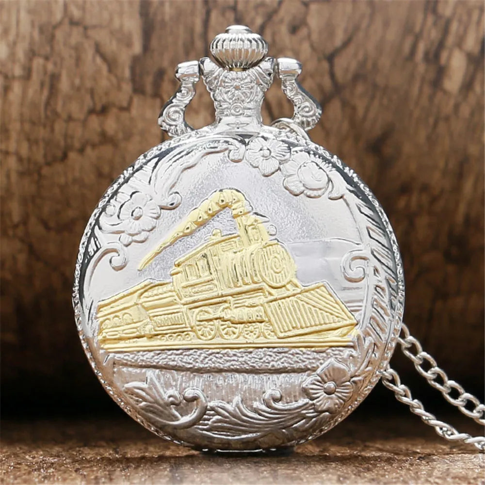 Vintage Retro Bronze Hollow Train Locomotive Steampunk Quartz Pocket Watch Women Men Necklace Pendant with Chain Birthday Gift