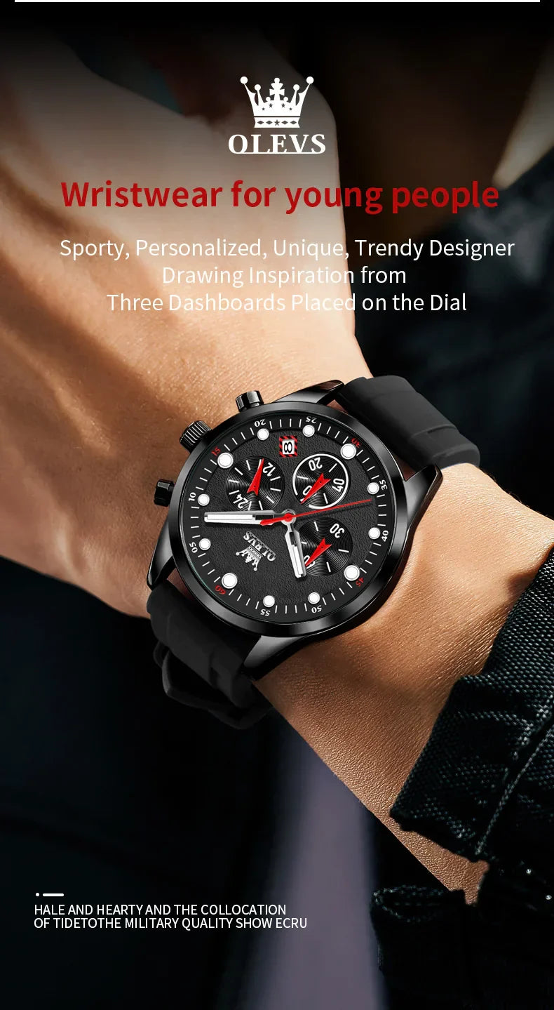 OLEVS Luxury Watch Men Silicone Strap Waterproof Luminous Chronograph