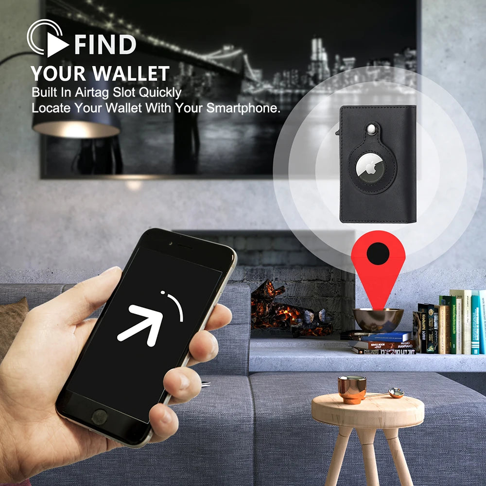 CASEKEY Men Airtag Smart RFID Blocking Genuine Leather Air Tag Pop Up Credit Card Holder for Men Women Does Not Include Air Tag