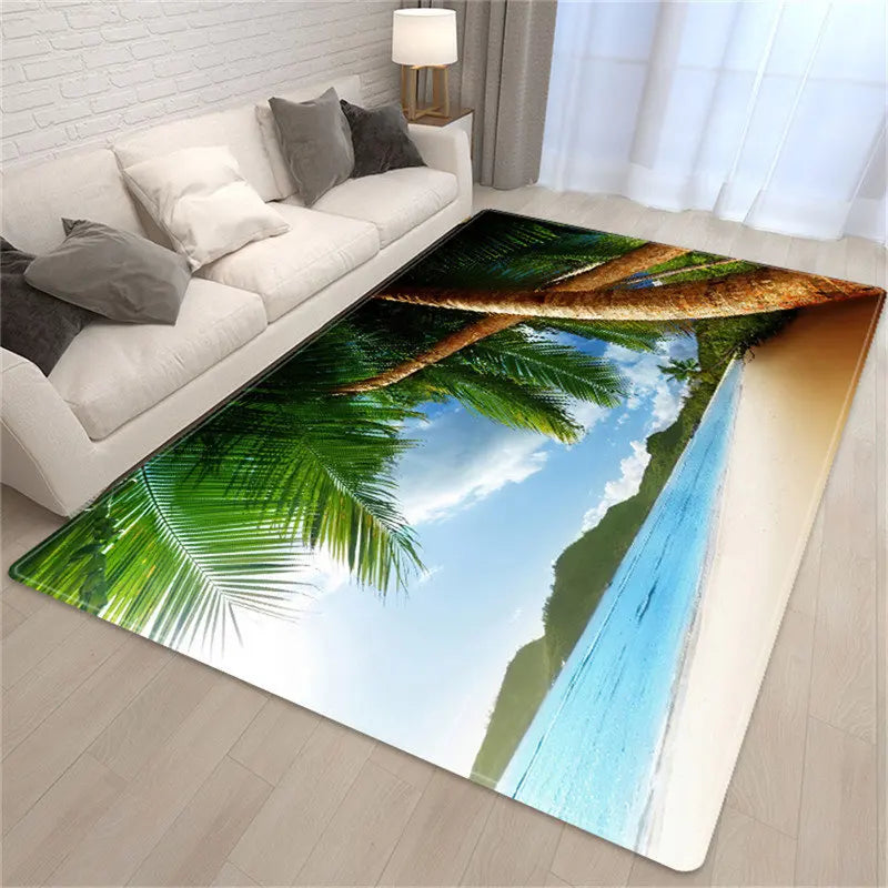 Palm Tree Sea Beach 3D Carpet Living Room Sofa Table Rug Soft Sponge Bedroom Bedside Rug Dining Carpet Rug for Bath Decoration