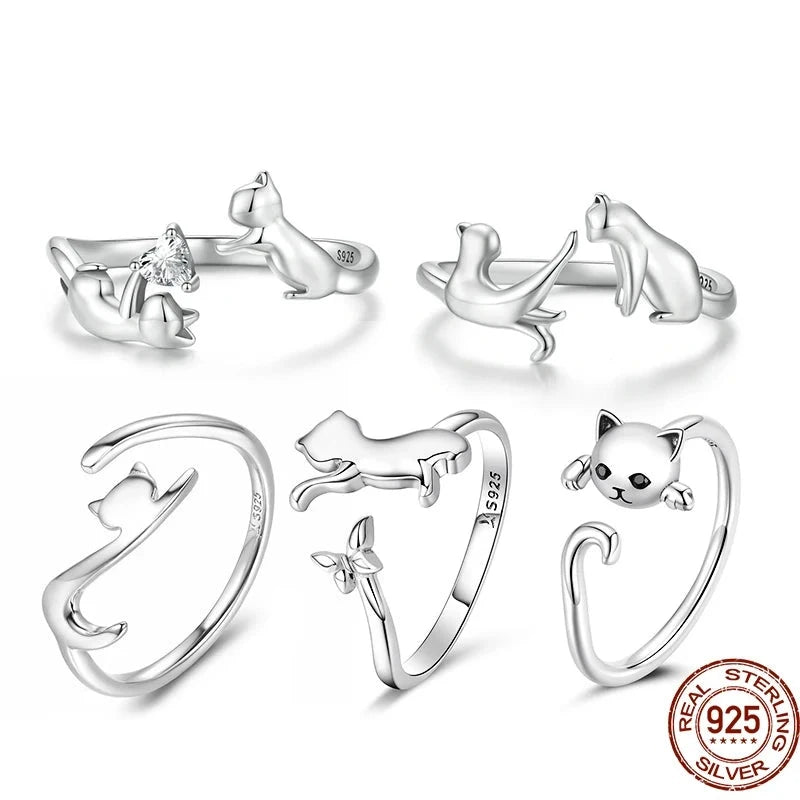 Silver Cute Double Cat Adjustable Ring.