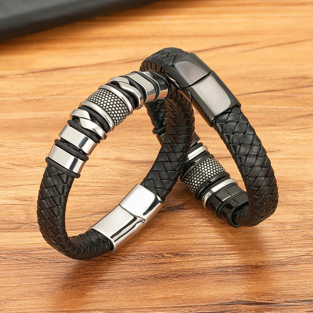 Fashion Braided Rope Wrap Black Leather Bracelets.###