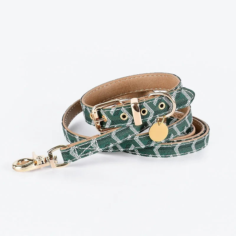 soft leather pet collar and leash set luxury Snakeskin pattern dog collar traction rope outdoor adjustable walking pet leash