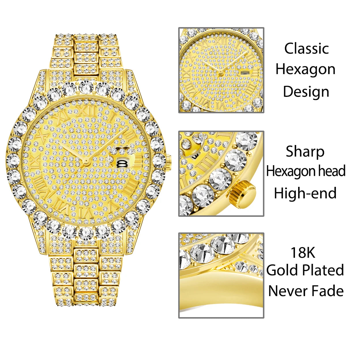 Gold Dress Watch For Women Luxury Fashion Bling Diamond Large Face Quartz Watches For Ladies Big Wrist Accessories For Women's