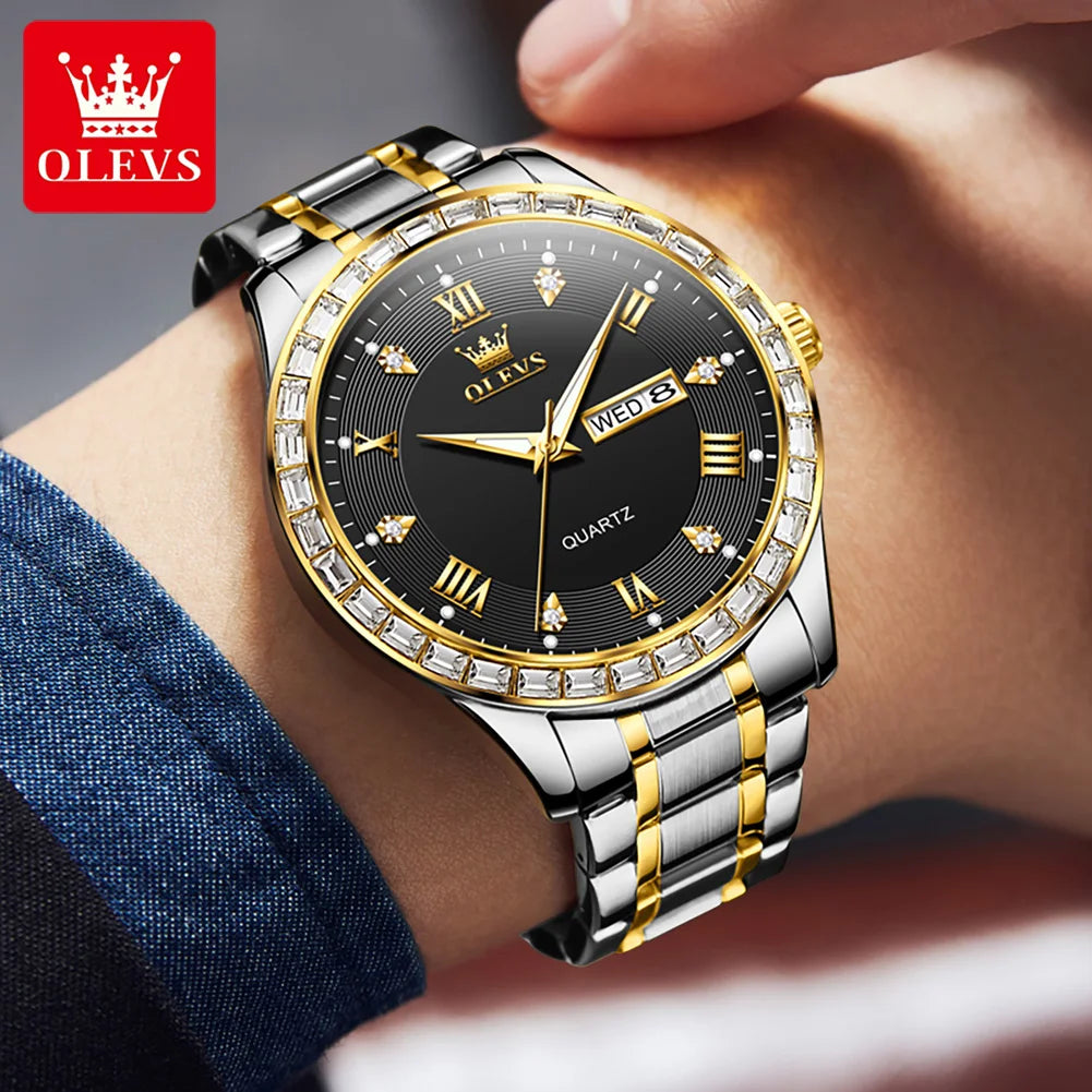 OLEVS Men's Watch Stainless steel Calendar Week Quartz Watch Waterproof Luminous Diamond Originals Luxury Dress Male Wristwatch