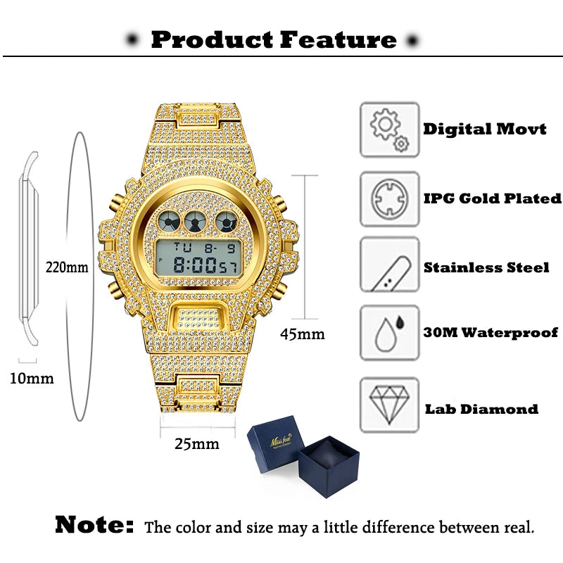 Digital Watches Men's Gold Luxury Waterproof Sports Watch For Male Multifunctional Shock Electronic Wrist Clock Hip Hop Style