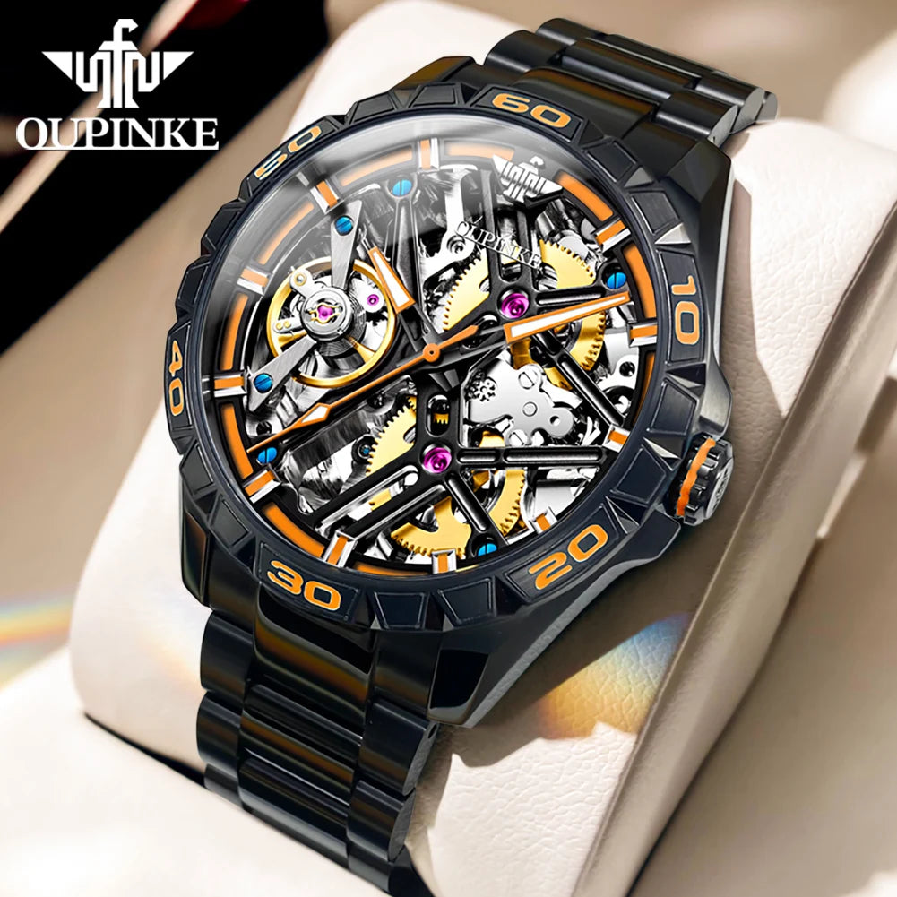 OUPINKE 3196 Official Genuine Watch Men Hollow out Deep Waterproof Luminous Sapphire Mirror Man Hand Clock Luxury