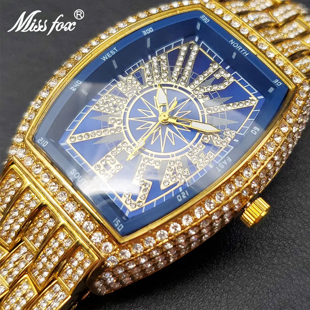 New Blue Quartz Men’s Watch Gold Full Zircon Diamond Luxury Watches For Big Wrist Male 3 Bar Waterproof Hand Clock Dropshipping