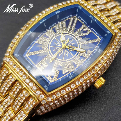 New Blue Quartz Men’s Watch Gold Full Diamond Luxury Watches.