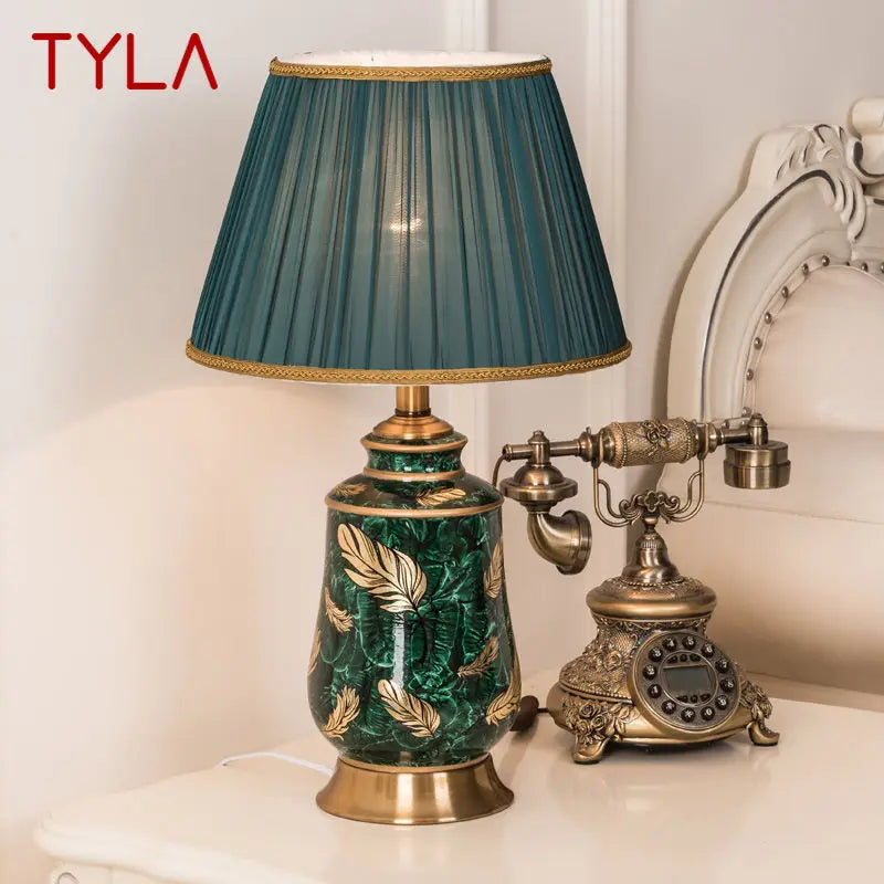 TYLA Modern Green Ceramic Table Lamp LED Chinese Creative Luxury Bedside Desk Light For Home Living Room Bedroom Decor