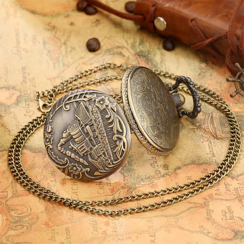 Vintage Retro Bronze Hollow Train Locomotive Steampunk Quartz Pocket Watch Women Men Necklace Pendant with Chain Birthday Gift