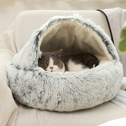 Cat Bed Round Plush Fluffy Hooded