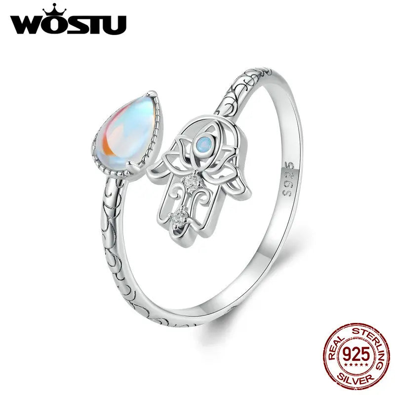 WOSTU 925 Sterling Silver Lucky Hand Of Fatima Opening Ring Rainbow Moonstone Teardrop Stackable Rings Party Jewelry Gift