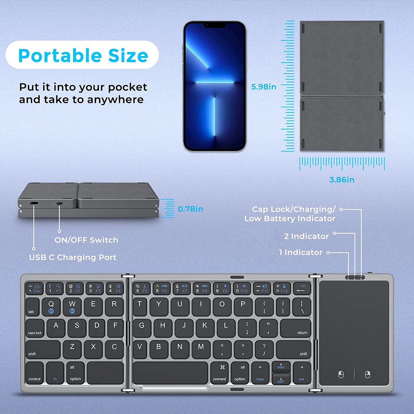 Seenda Foldable Wireless Bluetooth Keyboard Rechargeable.