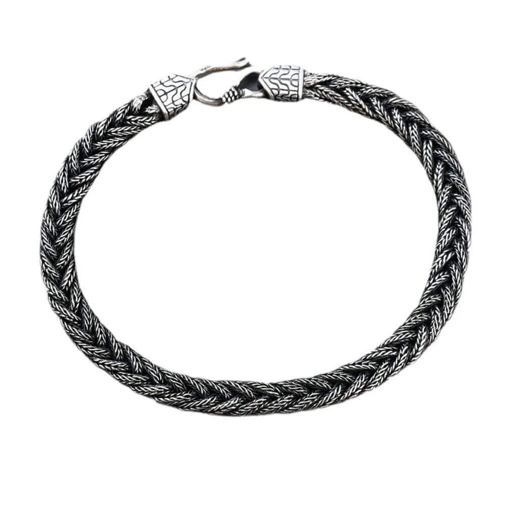 New S925 Silver Retro Fox Tail Hand Woven Fried Dough Twists Chain Men's and Women's Bracelets Fashion Lovers Jewelry