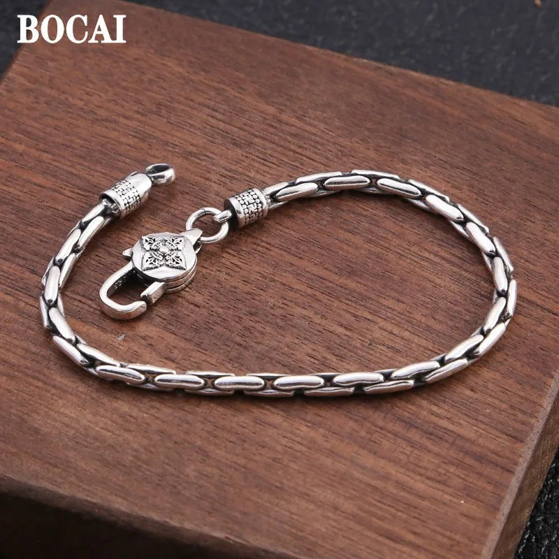 BOCAI Trendy New Real S925 Silver Retro Bamboo Bracelet for Mmen and Women Sequin Chain Personality Hip-hop Jewelry Accessories