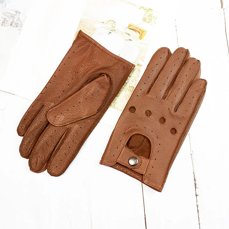 Summer Driving Deerskin Full Finger Leather Gloves for Men's Thin Hollow Unlined Motorcycle Riding Men's Fashion Driver Gloves