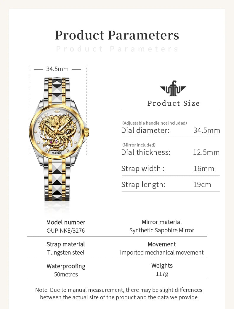 OUPINKE Luxury Carving Phoenix Women Automatic Mechanical Watches New Waterproof Lady Wrist Watch Casual Fashion Watch for Women