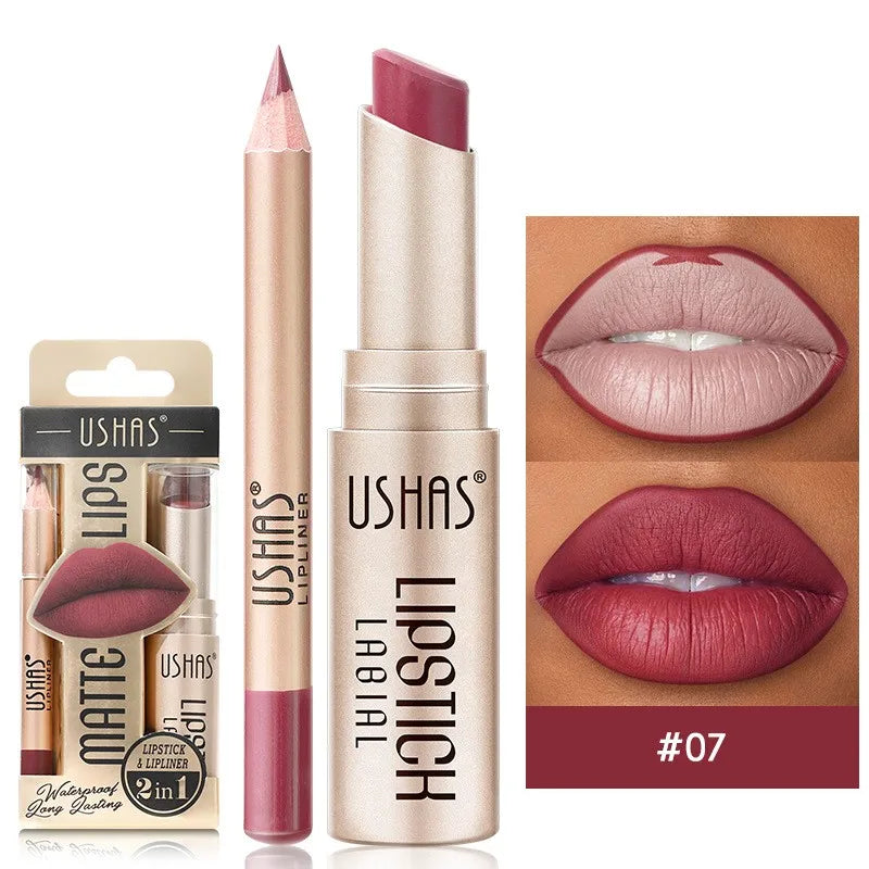 2 In 1 Lipstick Set Makeup Matte Lipstick & Lip Liner Pencil Waterproof Lasting Cosmetics Nude Brown Contour Tinted Lip Balm Kit