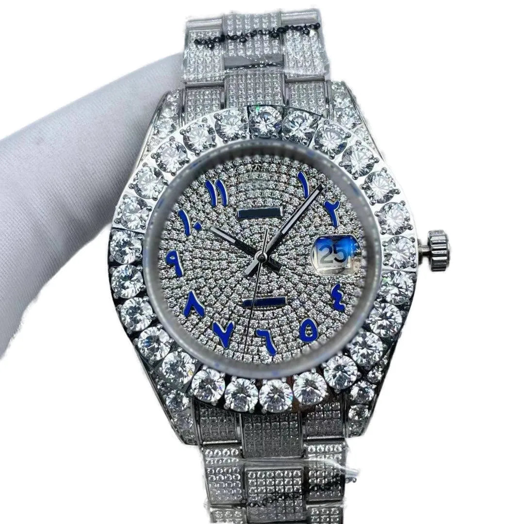 Men's 41mm Waterproof Calendar Watch with Full Diamond Dial