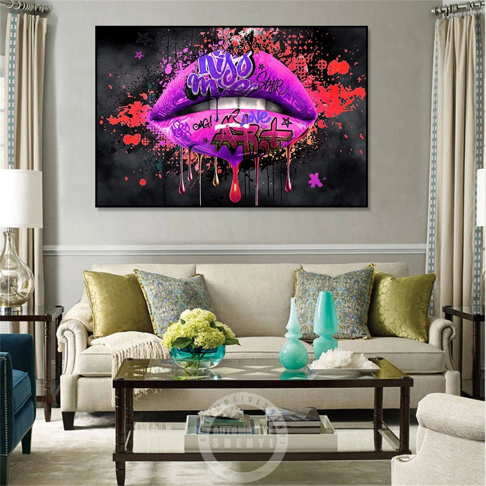 Kiss Me Graffiti Lips Pop Art Canvas Painting Abstract Love Poster And Print Art Wall Pictures For Living Room Home Decoration