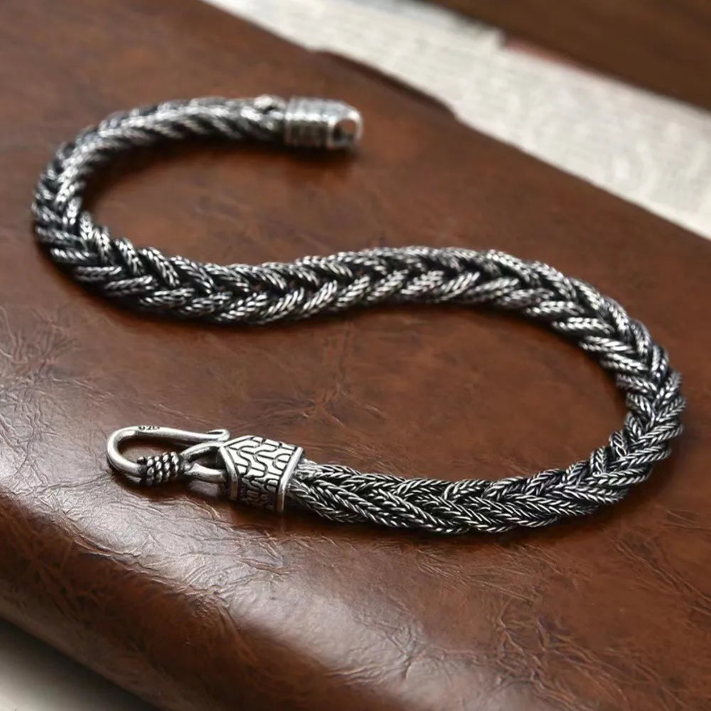 New S925 Silver Retro Fox Tail Hand Woven Fried Dough Twists Chain Men's and Women's Bracelets Fashion Lovers Jewelry