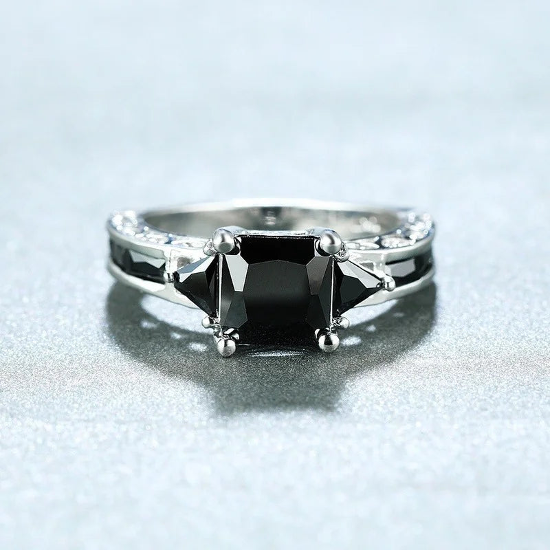 Delicate Silver Color Trendy Ring for Women Elegant Princess Cut Inlaid Black Zircon Stones Wedding Ring Engagement Jewelry