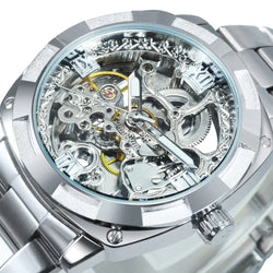 Forsining Square Skeleton Mechanical Watches Luxury Engraved Movement Retro Automatic Watch for Men Steel Strap Luminous Hands