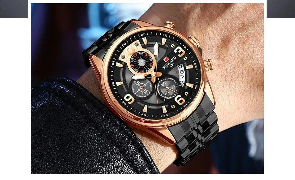 REWARD New Mens Watches Stainless Steel Luxury Waterproof Chronograph