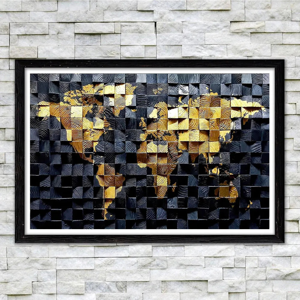 Black And Golden Collage World Map 3D.