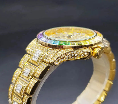 Waterproof Watch Rainbow Diamond Luxury Gold.