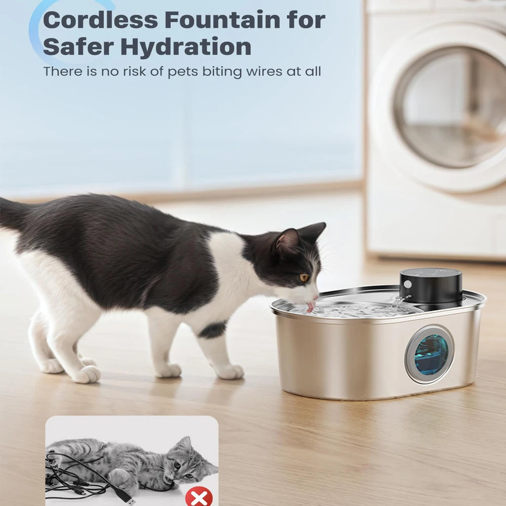 Stainless Steel Cat Wireless Water Dispenser Rechargeable Automatic Induction Circulation Filtration Silent Pet Water Dispenser