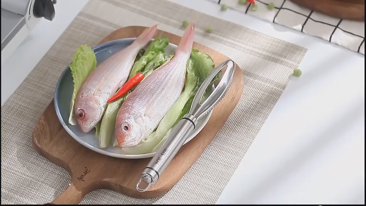 Efficient stainless steel fish cleaning tool.